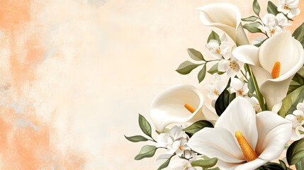 A bouquet of white calla lilies with green leaves on a textured peach background. Template for quotes, and greetings cards