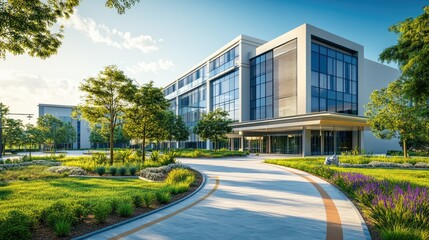 modern hospital exterior, sleek architecture with green spaces, bright midday light, clean and inviting