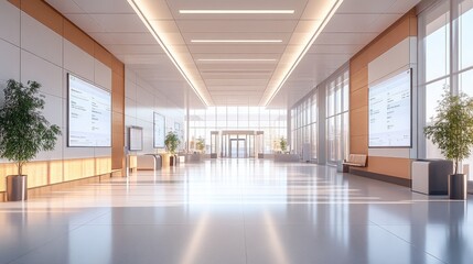 Fototapeta premium modern hospital lobby, sleek design with digital information boards, bright natural light, welcoming atmosphere