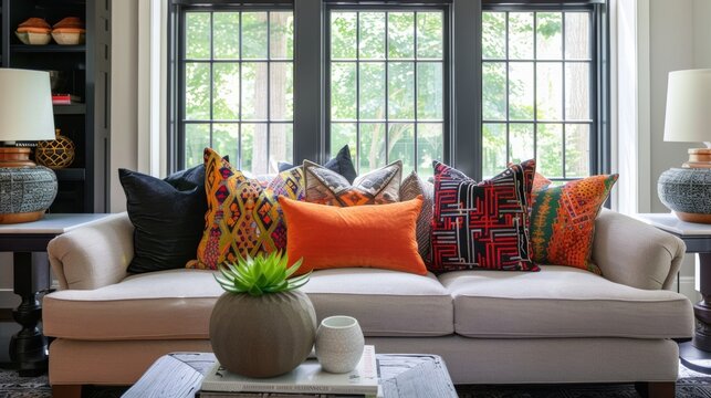A bold and eclectic living room featuring a mix of patterned and textured velvet pillows in vibrant colors making a statement in the space.