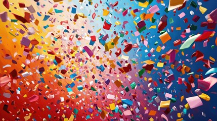 Obraz premium New Yearâ€™s Eve confetti drop, colorful paper raining down on a crowd, bright and vibrant tones, energetic and joyful atmosphere