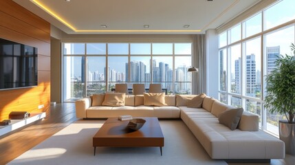 Fototapeta premium Modern Apartment Living Room with City View