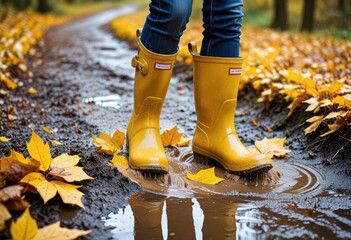 Focus on the detailed action of yellow rubber boots mid-splash in a muddy puddle, with autumn foliage in the background and droplets suspended in the air