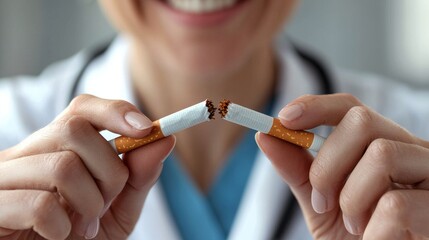 Breaking free from addiction, doctor smashing a cigarette.