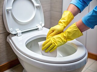 A person's hand, sans gloves, scrubs the toilet bowl with paper in a bathroom or public restroom, emphasizing disinfection, hygiene, and cleaning service concepts.