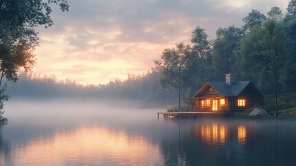 Fototapeta premium peaceful lakeside cabin at sunrise, with mist rising off the water, soft morning light, calm and serene tones