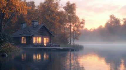 Fototapeta premium peaceful lakeside cabin at sunrise, with mist rising off the water, soft morning light, calm and serene tones