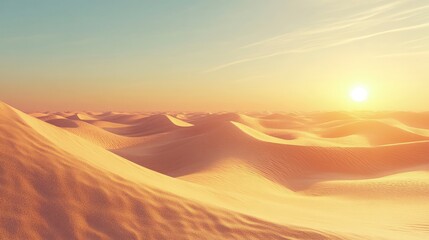 peaceful sandy desert with dunes stretching into the horizon, shadows cast by the late afternoon sun, soft ambient lighting, serene and expansive atmosphere