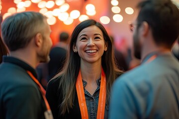 At the conclusion of the fair, a multi ethnic team in business attire converses happily and shares laughs at a booth, showcasing their camaraderie
