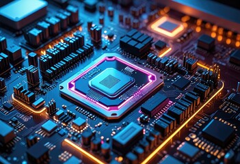 Fototapeta premium futuristic AI processor on a circuit board, surrounded by neon lighting and advanced microchips, highlighting the cutting-edge of technology