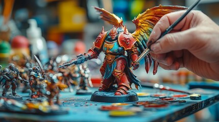 person painting miniatures for tabletop games, detailed and colorful figures on a workbench, bright lighting, creative and meticulous atmosphere