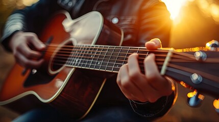 Fototapeta premium person playing a guitar, fingers strumming the strings, soft ambient lighting, warm and musical atmosphere