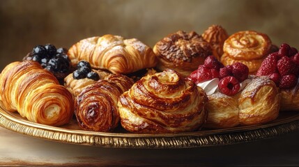 platter of assorted pastries, flaky and golden, soft ambient lighting, warm and indulgent tones