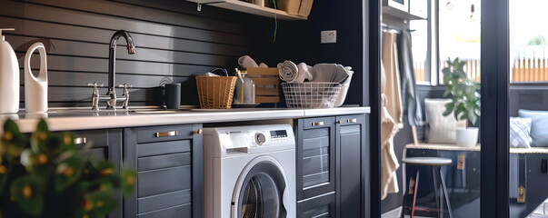 Modern Laundry Room Interior Design with White Washing Machine, Sink, and Black Cabinets