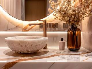 Modern Bathroom Sink with White Marble Countertop and Dried Flowers in a Vase - Photo