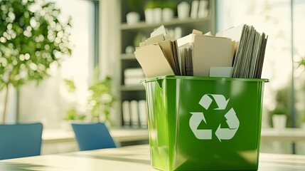 recycling bin filled with paper and cardboard ready for processing, placed in an office setting, bright daylight, clean and organized tones