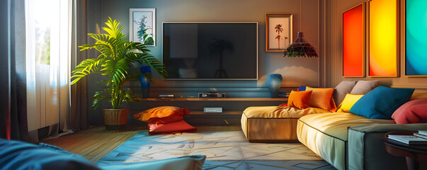 Living Room Interior Design with Modern Sofa and Colorful Pillows - 3D Illustration