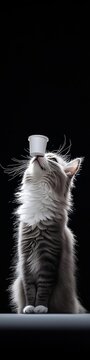 A cute tired cat with a cup balanced on his nose on a black background. 