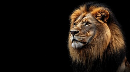 Naklejka premium Majestic Lion Portrait Against Black Background