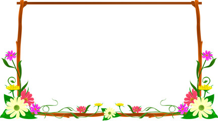 Spring flowering frame branches, Border of spiral pink flowers with leaves