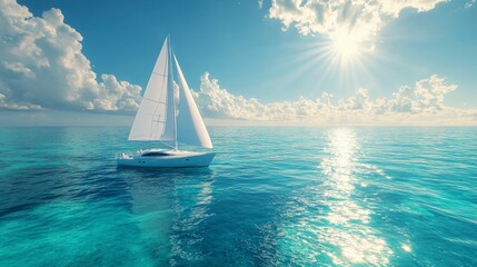 sailboat gliding across a crystal-clear turquoise sea, bright sunlight, calm and refreshing tones