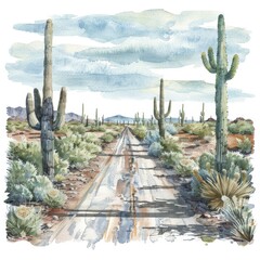 A watercolor clipart of a lonely desert road stretching into the distance, flanked by cacti and small shrubs. The road is depicted with soft, fading lines as it disappears into the horizon, giving a