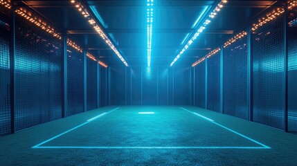 smart batting cage, tracking ball speed and accuracy, bright ambient lighting, technological and precise tones