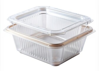 Empty transparent plastic packaging isolated on white background, awaiting refills or recycling, with folded edges and visible product label, ideal for food or product storage.