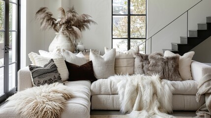 A carefully curated arrangement of fluffy faux fur cushions tered on a lowlying sectional adding an element of coziness and luxury to the space.