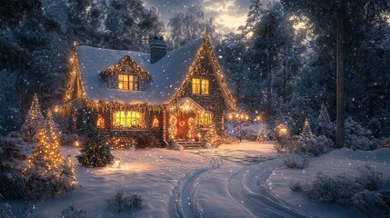 snowy outdoor scene, with a house lit up with New Year&acirc;&euro;&trade;s decorations, soft ambient lighting, warm and cozy tones