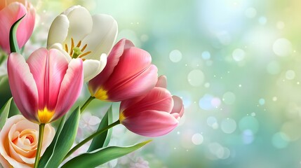 Naklejka premium Close-up of pink and white tulips with green leaves and a blurry green background. Perfect for quotes, and greeting cards.