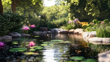 Fototapeta premium Serene Pond with Water Lilies and Lush Greenery