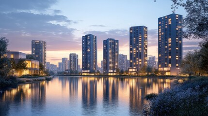 sustainable waterfront development, energy-efficient buildings along a river, soft dusk light, cool reflections