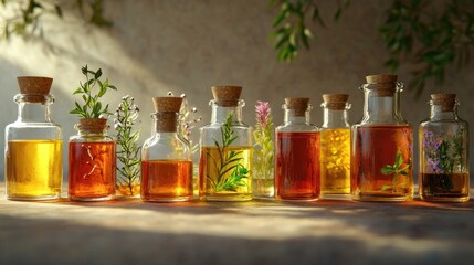 variety of natural oils and extracts, displayed in eco-friendly glass bottles, soft ambient lighting, warm and sustainable tones