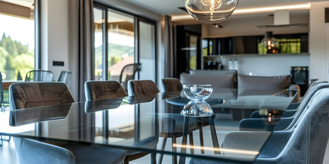 Modern Dining Room Interior Design with Glass Table and Blue Chairs - Photo