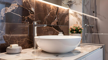 Modern Bathroom Sink with Marble Countertop and Chrome Faucet -  Photo