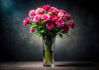 Fototapeta premium Elegant tall clear vase holds a vibrant arrangement of pink flowers standing upright, isolated against a dramatic dark background, exuding serene beauty and refinement.