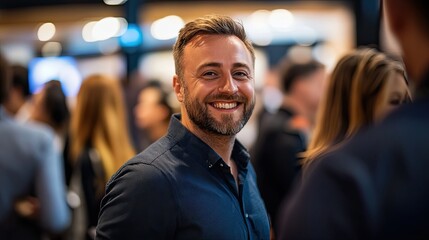 Fototapeta premium Business professionals in smart attire enjoy a lively conversation and laughter at a booth following the event, highlighting camaraderie and joy.