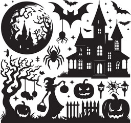 halloween background vector style silhouette with pumpkin and bats