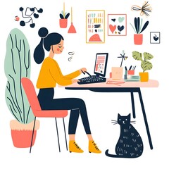 2d illustration. a young woman works from home. simple work decoration around her. white background.
