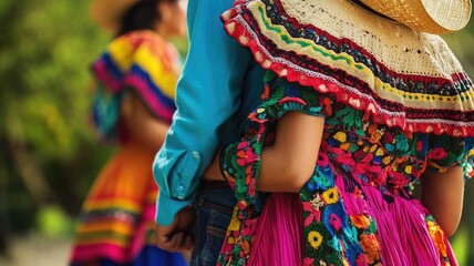 Fototapeta premium Two people in colorful traditional outfits, one focus wearing hat Ethnicity appears to be Hispanic Outdoors setting