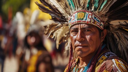 Fototapeta premium Indigenous male with traditional feather headdress stands outdoors, exuding cultural pride