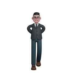 Male Teacher 3D Professional. A man in formal attire is walking with his hands behind his back, exuding confidence and a relaxed demeanor. Educational Cartoon