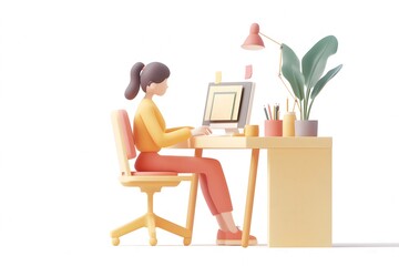 3d minimal illustration. A young woman works from home. Simple work decoration around her. Isolated white background.