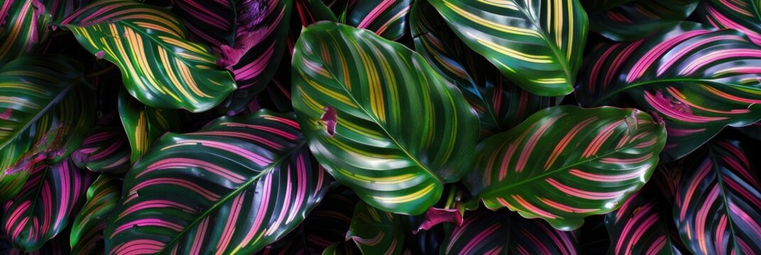 Calathea Medallion Veitchiana in the Marantaceae Family, known for its peacock-patterned foliage and magenta undersides, is a nyctinastic and pet-friendly plant.