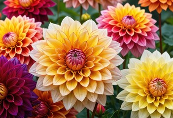 a panoramic view of multicolored dahlia flowers with intricate petal patterns glistening with morning dew, showcasing the variety of the species