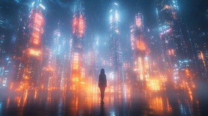 Fototapeta premium Silhouette of a woman standing in a futuristic city with glowing skyscrapers