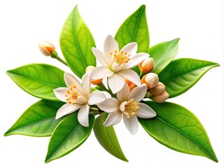 Fototapeta premium Vibrant blossoming orange tree branch with delicate petals and bright green leaves isolated on a pure white background, perfect for spring or floral designs.
