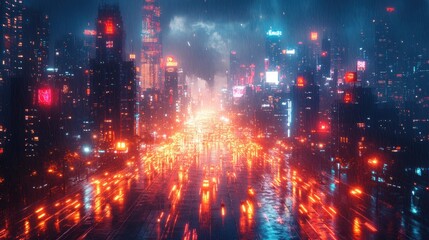 Obraz premium Futuristic Cityscape at Night with Rain and Neon Lights