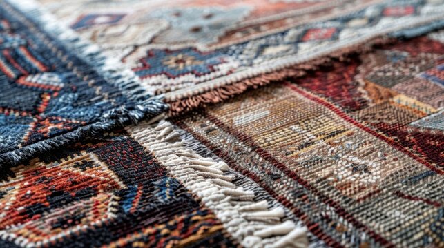 A multicolored woven rug with a patchwork design showcasing various intricate patterns and textures for a globallyinspired look.